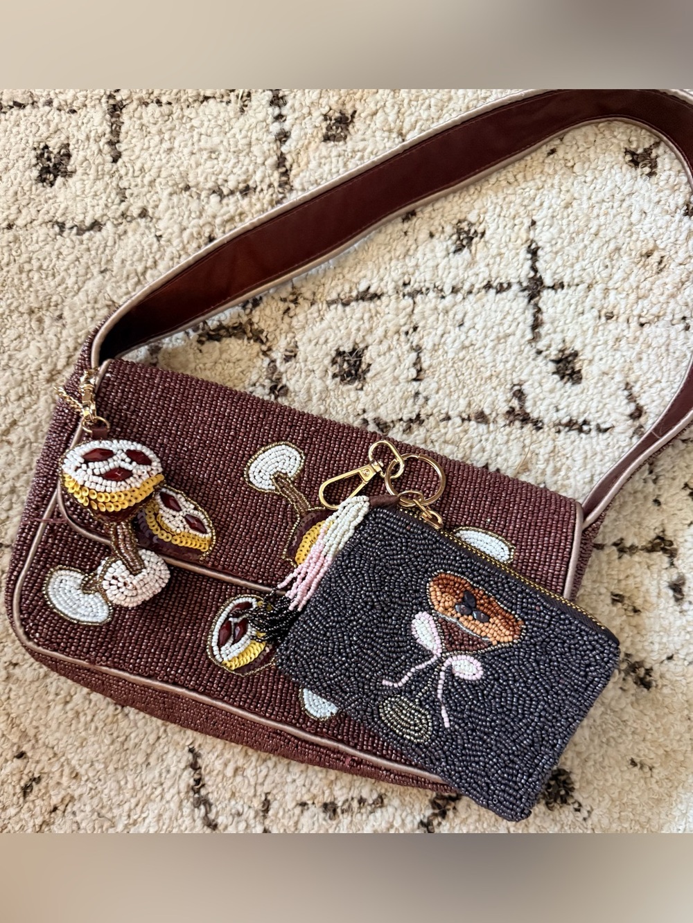 LIKE NEW 3 PIECE SET ESPRESSO MARTINI BEADED BAG W/ A BAG CHARM &TASSEL COIN BAG